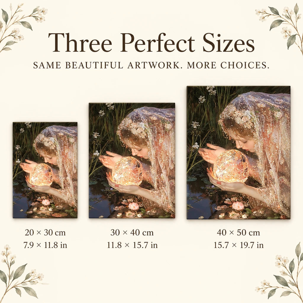 Size guide for Veiled Seer Crystal Orb: 20 × 30 cm, 30 × 40 cm, and 40 × 50 cm.
