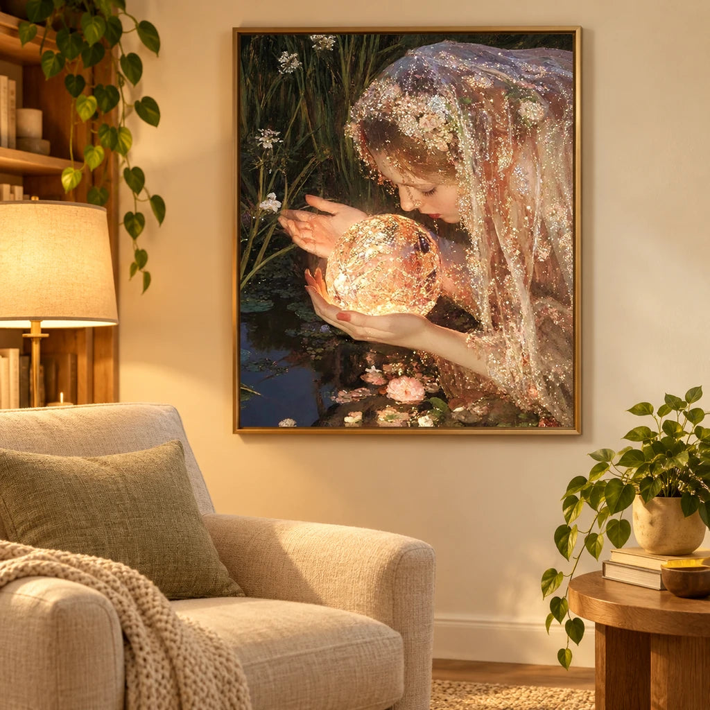 Home decor scene showing Veiled Seer Crystal Orb artwork displayed on a wall.