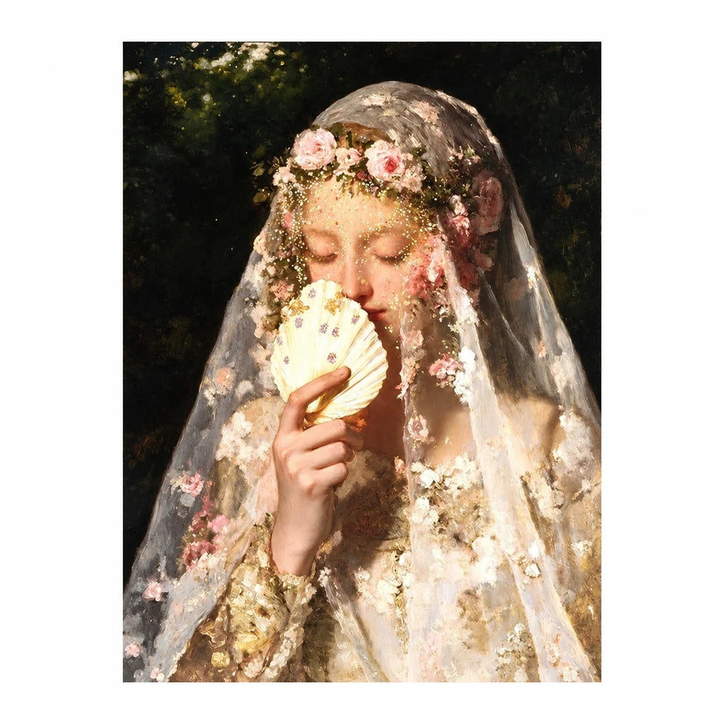 Original artwork for Veiled Shell Maiden Diamond Painting Kit, showing a veiled maiden holding a pale seashell amid delicate blossoms.