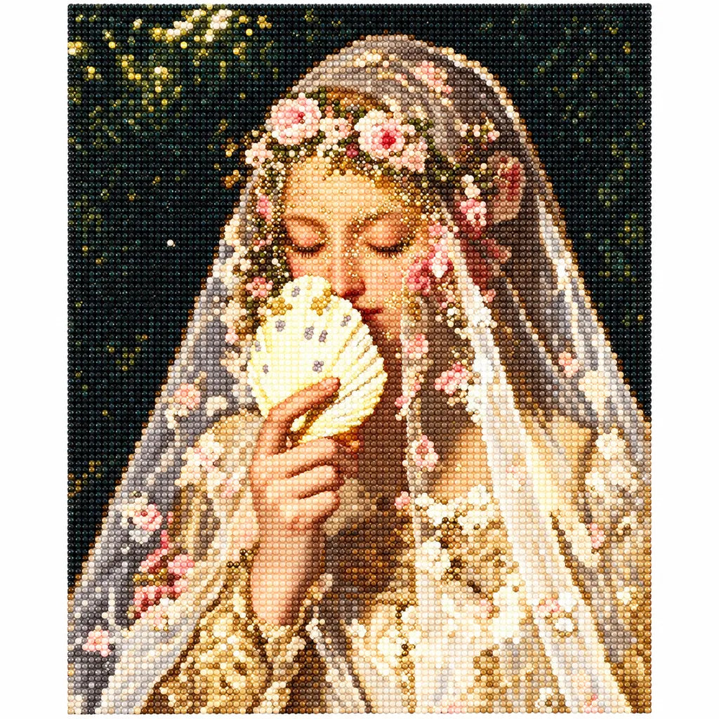 Finished diamond painting of a veiled maiden holding a pale seashell amid delicate blossoms.