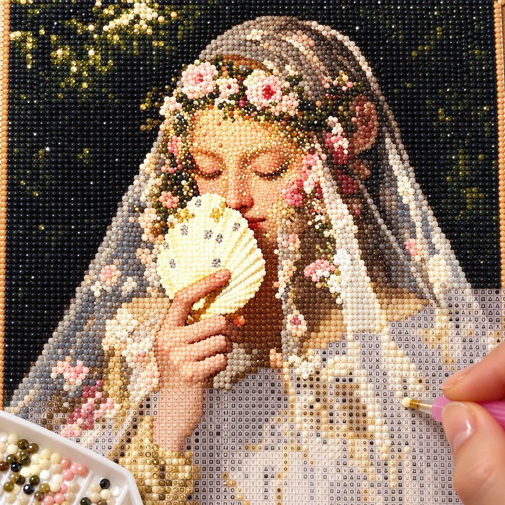 Diamond painting process for Veiled Shell Maiden, with drills being placed over a veiled maiden holding a pale seashell amid delicate blossoms.