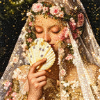 Close-up of diamond drill texture across a veiled maiden holding a pale seashell amid delicate blossoms.