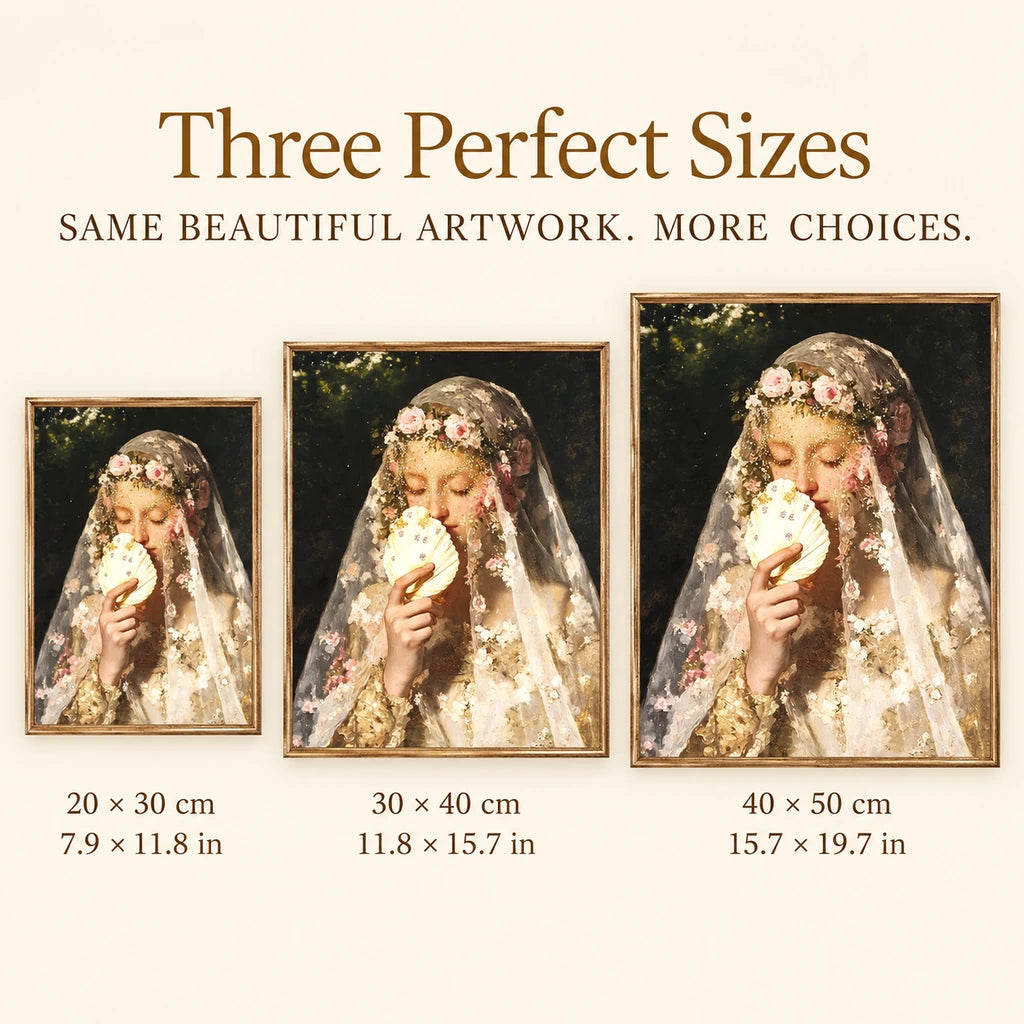 Size guide for Veiled Shell Maiden: 20 × 30 cm, 30 × 40 cm, and 40 × 50 cm.
