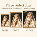 Size guide for Veiled Shell Maiden: 20 × 30 cm, 30 × 40 cm, and 40 × 50 cm.