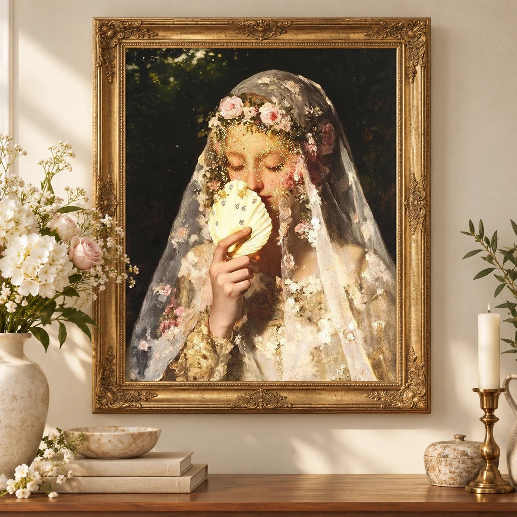 Home decor scene showing Veiled Shell Maiden artwork displayed on a wall.