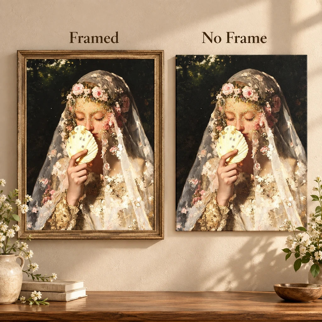 Framed and no-frame comparison for Veiled Shell Maiden artwork.