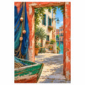 Original white-background artwork of a Venetian canal courtyard framed by blue fishing nets, with a small green boat in the foreground.