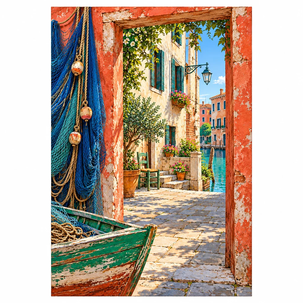 Original white-background artwork of a Venetian canal courtyard framed by blue fishing nets, with a small green boat in the foreground.