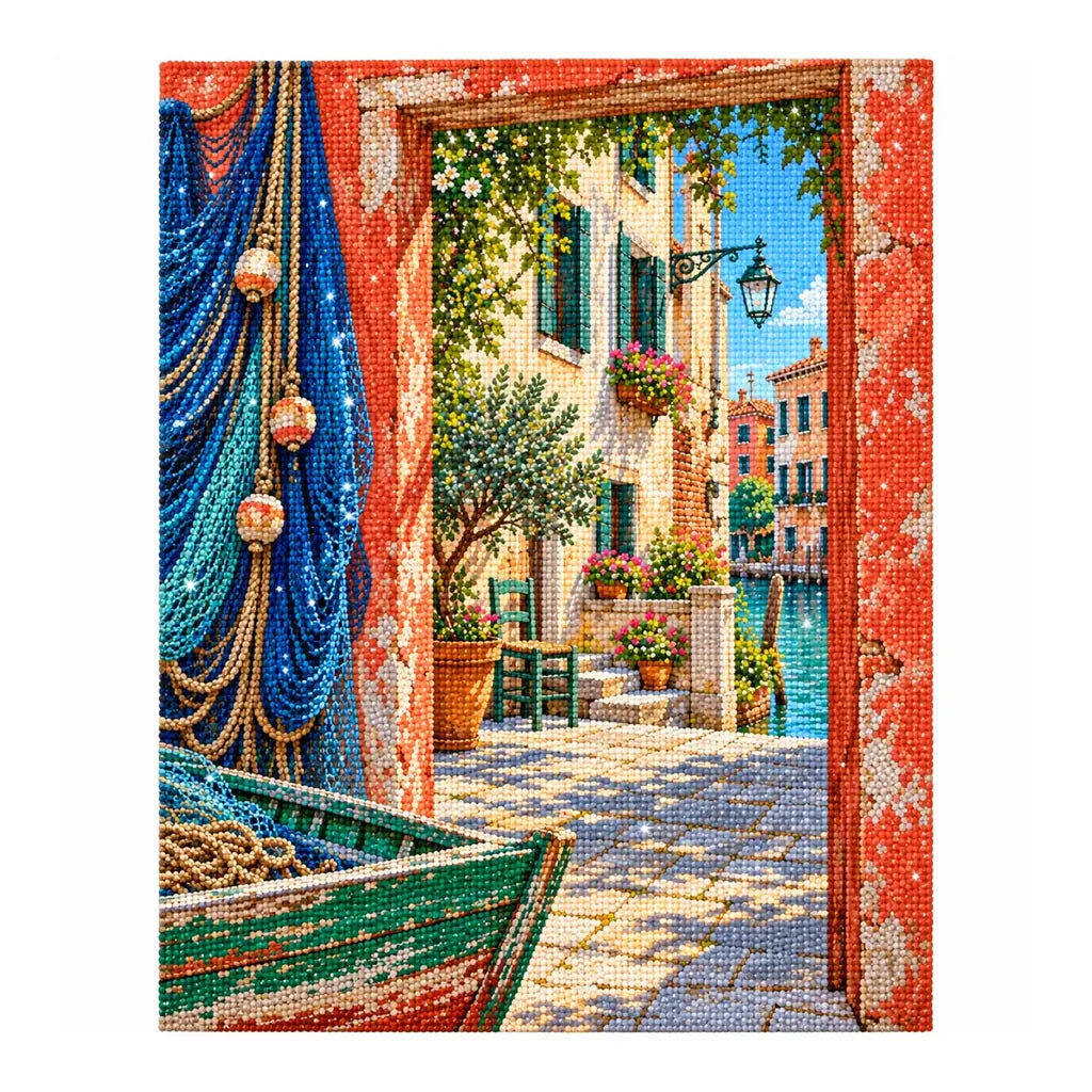 Finished diamond painting of a Venetian canal courtyard with fishing nets and a green boat on a white background.
