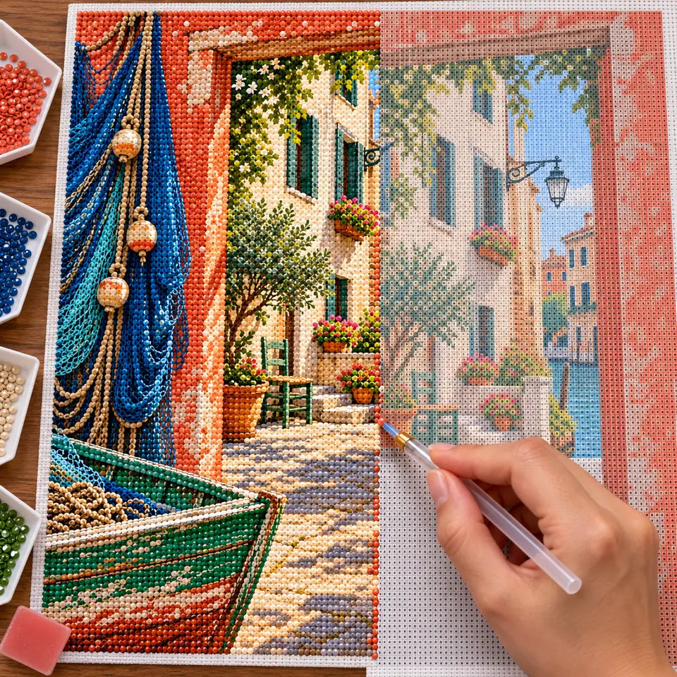 A hand places drills on the Venetian courtyard diamond painting canvas.