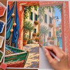 A hand places drills on the Venetian courtyard diamond painting canvas.