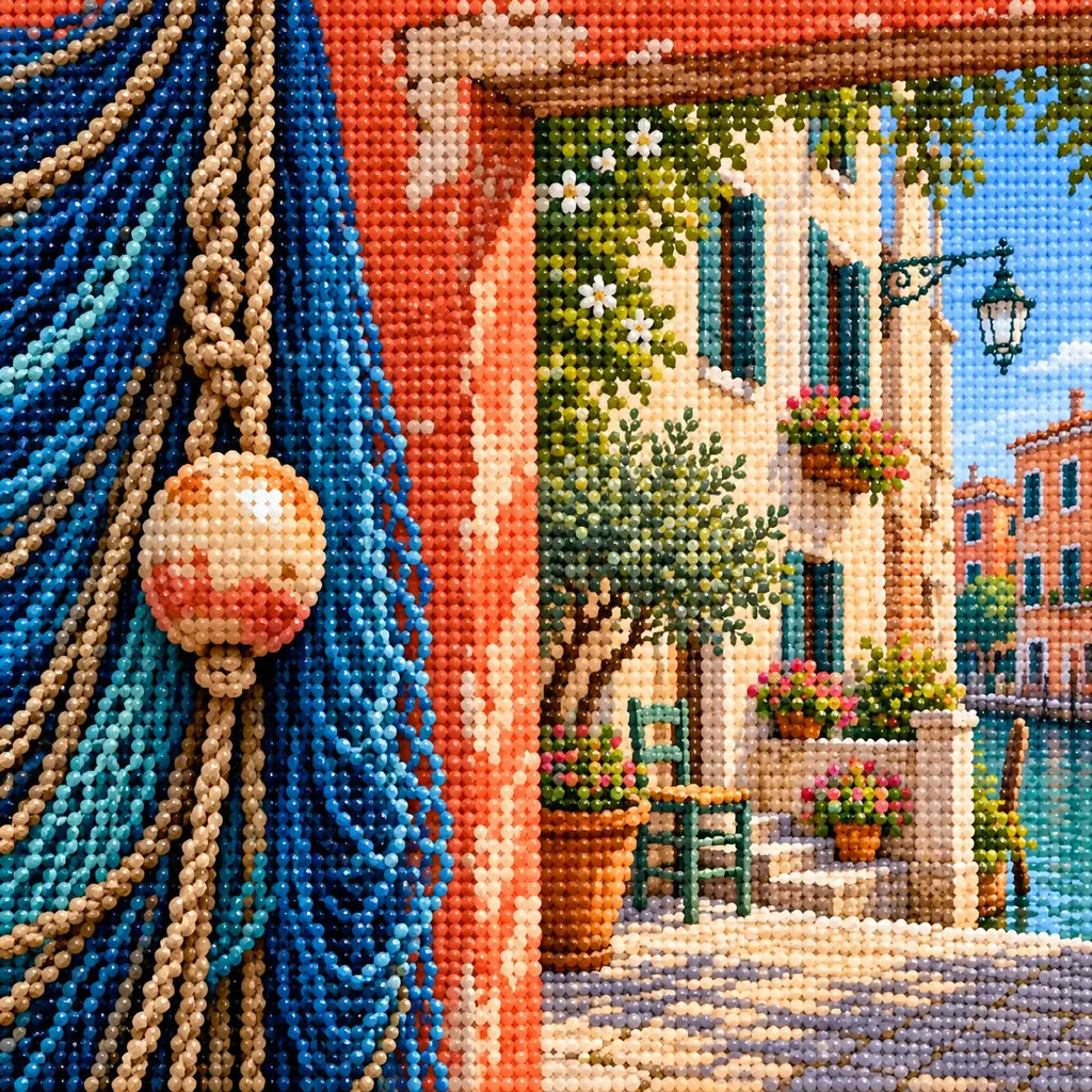 Close-up of faceted drills showing blue fishing nets and Venetian courtyard details.