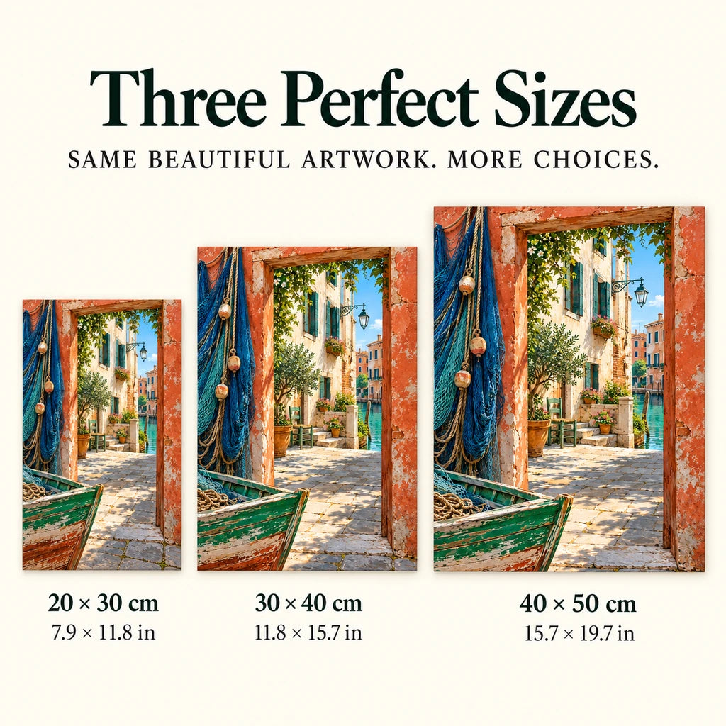 Venetian courtyard design shown in 20 × 30 cm, 30 × 40 cm, and 40 × 50 cm sizes.