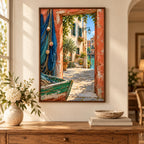 Framed Venetian courtyard diamond painting displayed in a bright living room.