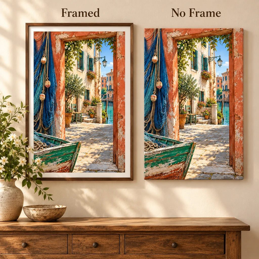 Framed and no-frame Venetian courtyard diamond painting styles compared.