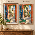 Framed and no-frame Venetian courtyard diamond painting styles compared.