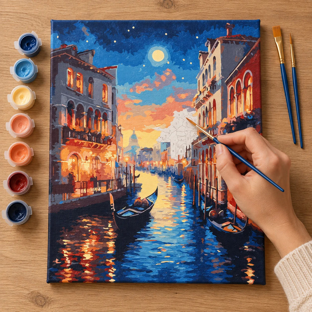 Complete Venice Canal at Sunset numbered canvas being painted with acrylic paints and brushes