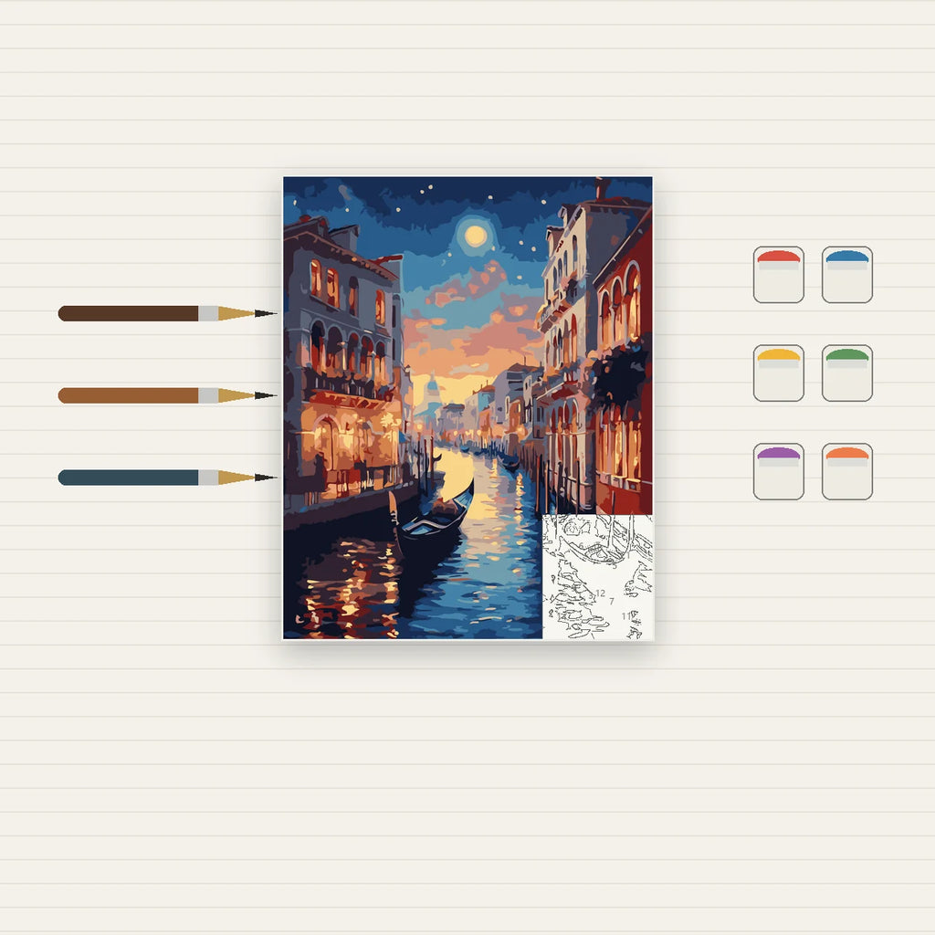 Complete Venice Canal at Sunset numbered canvas being painted with acrylic paints and brushes