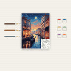 Complete Venice Canal at Sunset numbered canvas being painted with acrylic paints and brushes