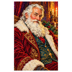 White-background finished diamond painting of a white-bearded Santa in a burgundy Victorian coat beside a candlelit interior with sparkling drills