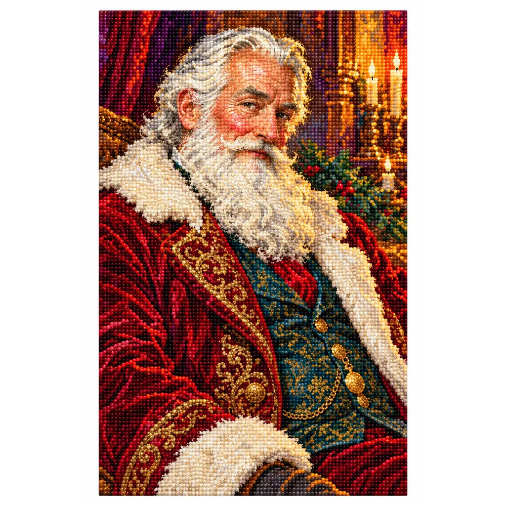 White-background finished diamond painting of a white-bearded Santa in a burgundy Victorian coat beside a candlelit interior with sparkling drills
