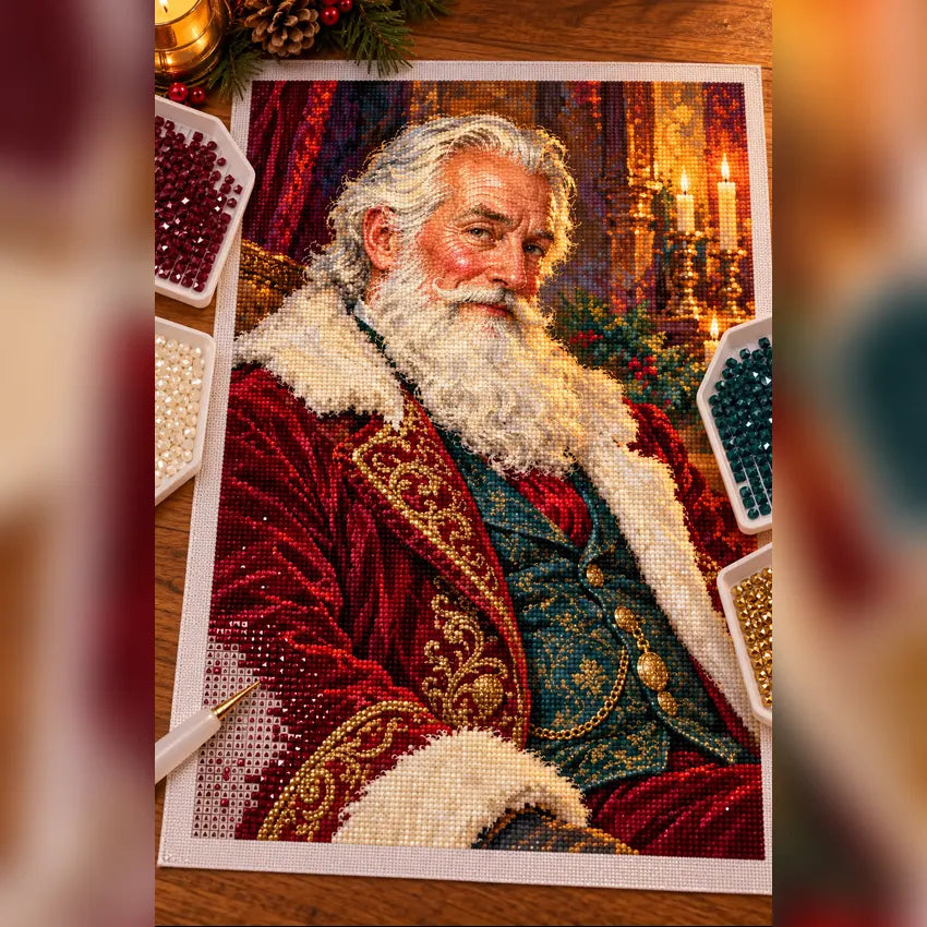 Diamond painting process showing a white-bearded Santa in a burgundy Victorian coat beside a candlelit interior being completed with a stylus