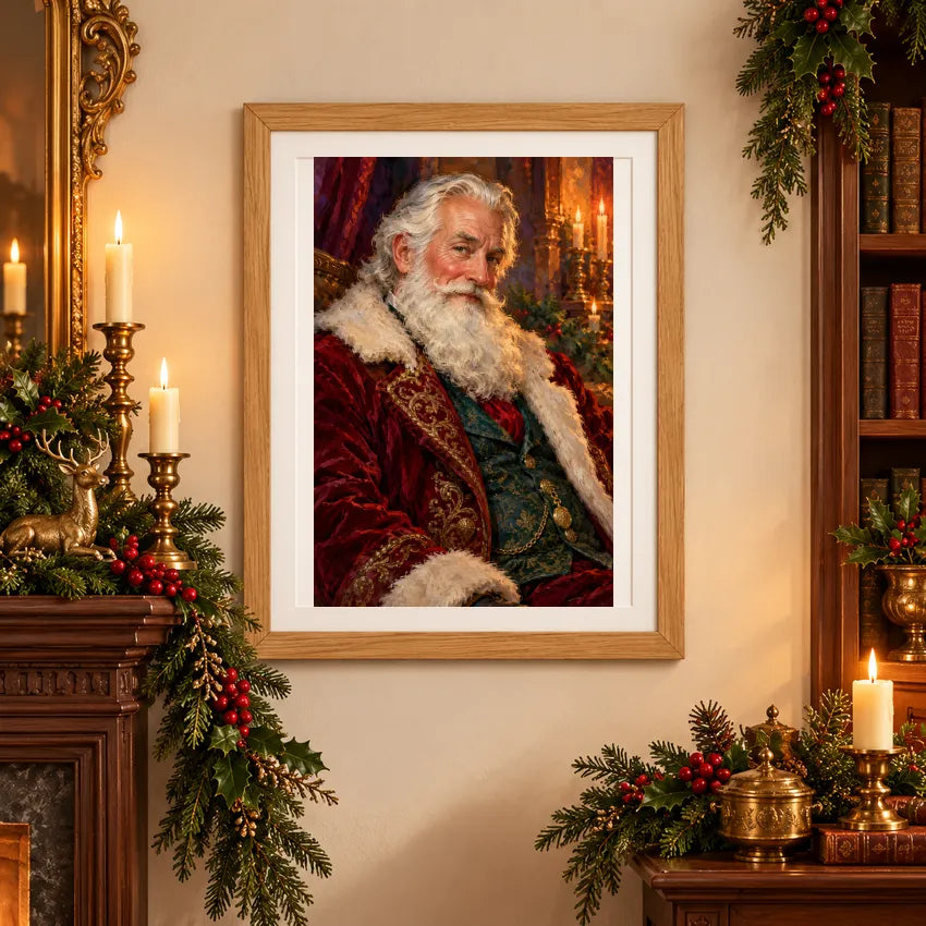 Framed a white-bearded Santa in a burgundy Victorian coat beside a candlelit interior diamond painting displayed as home decor