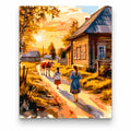 Village Walk at Golden Sunset paint by numbers artwork on a front-facing canvas against a white background