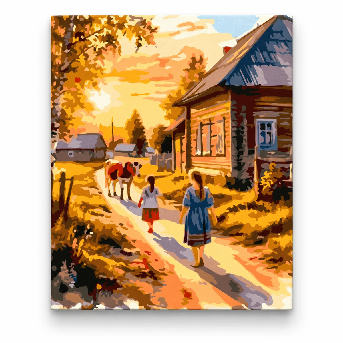 Village Walk at Golden Sunset paint by numbers artwork on a front-facing canvas against a white background