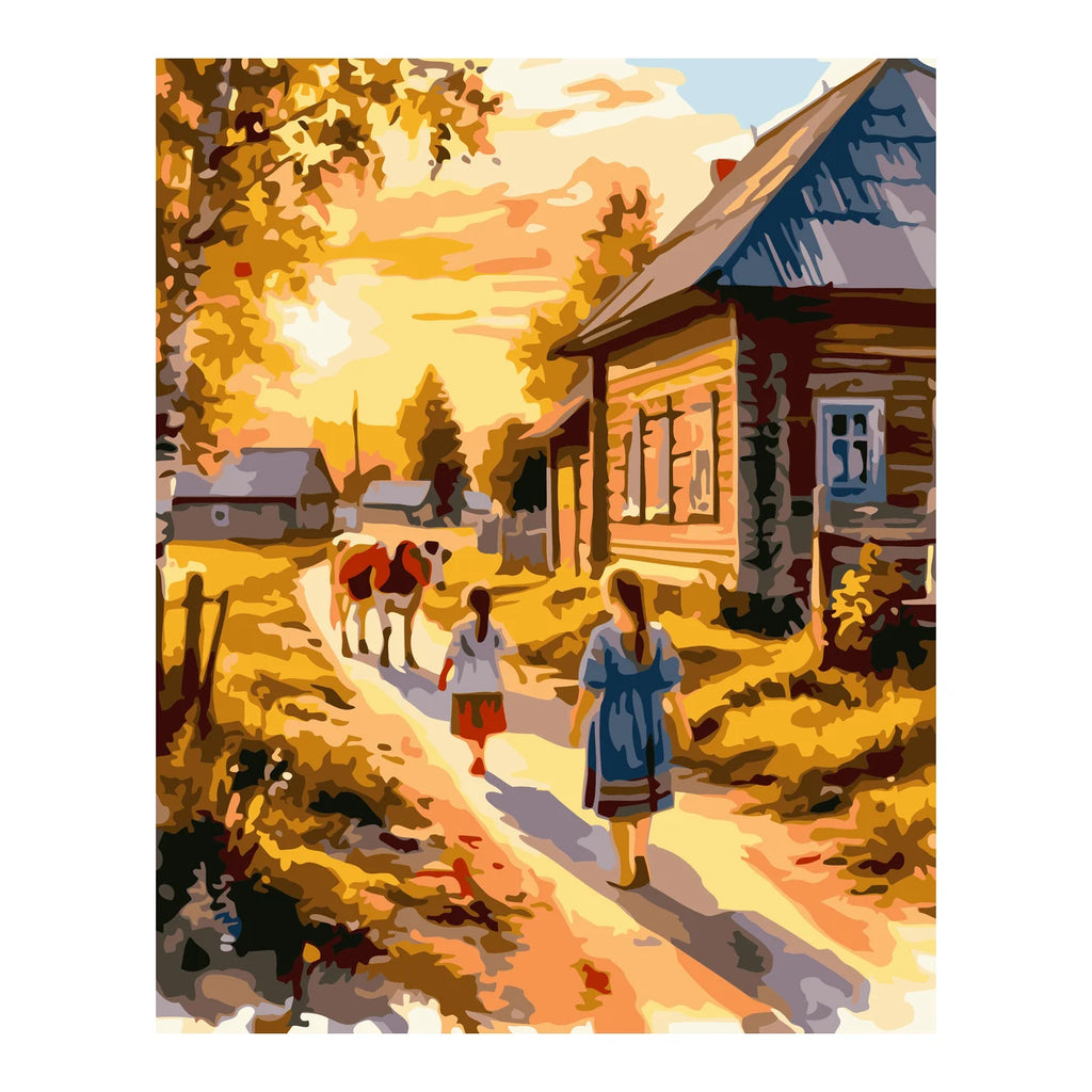 Village Walk at Golden Sunset completed artwork on a clean white background