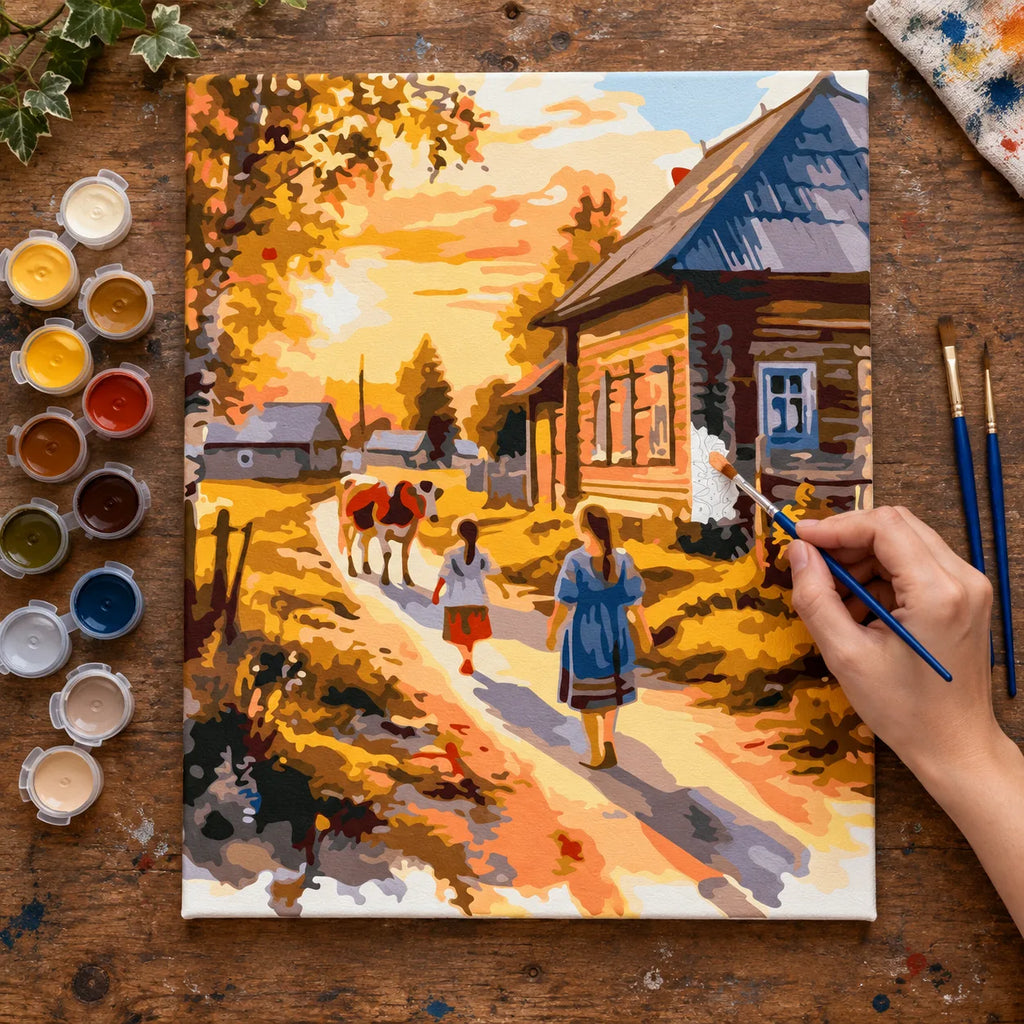 Complete Village Walk at Golden Sunset numbered canvas being painted with acrylic paints and brushes