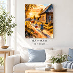 Village Walk at Golden Sunset shown in a styled room with 15.7 × 19.7 in and 40 × 50 cm dimensions