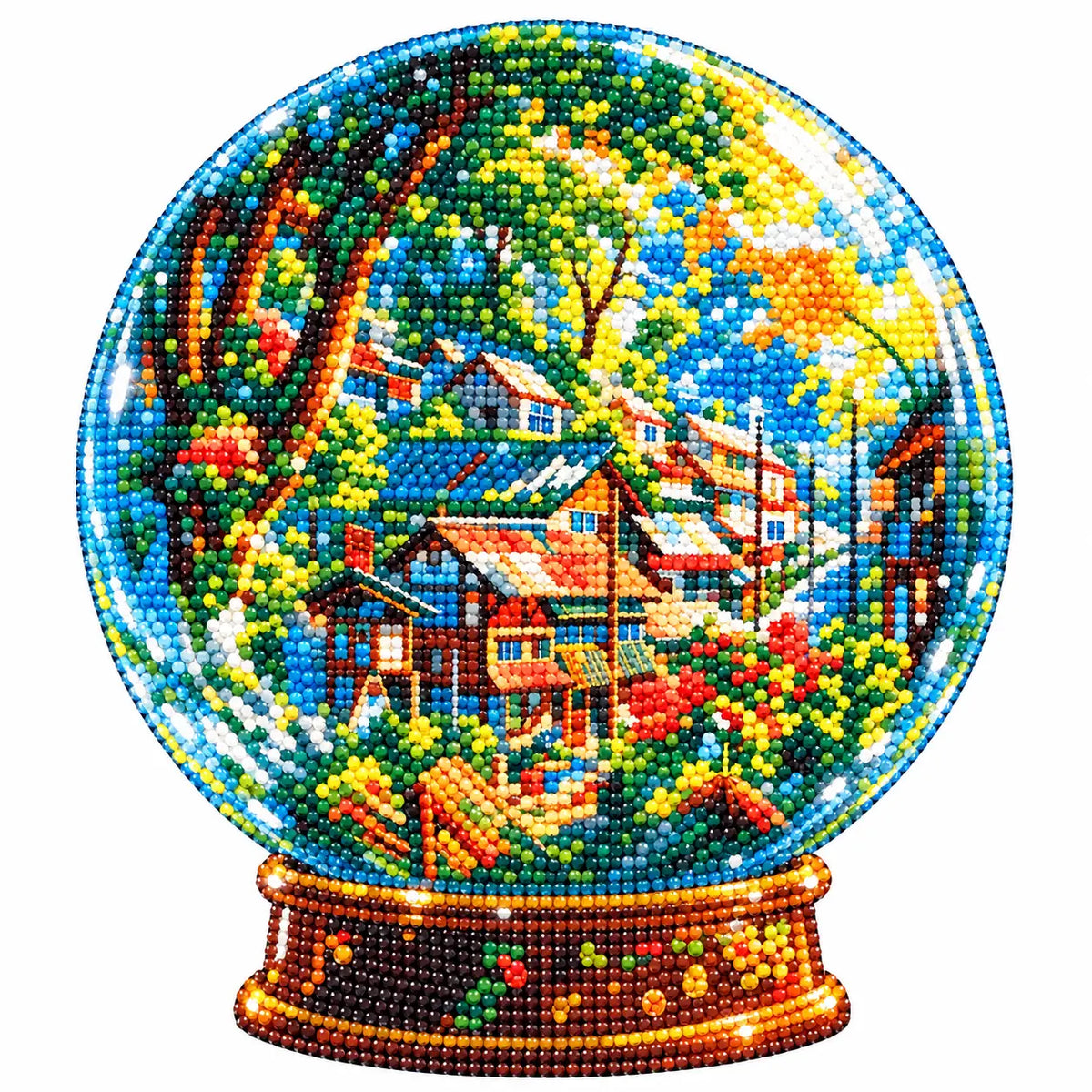 Finished diamond painting of Village Within The Globe with sparkling drills