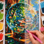 Diamond painting process for Village Within The Globe
