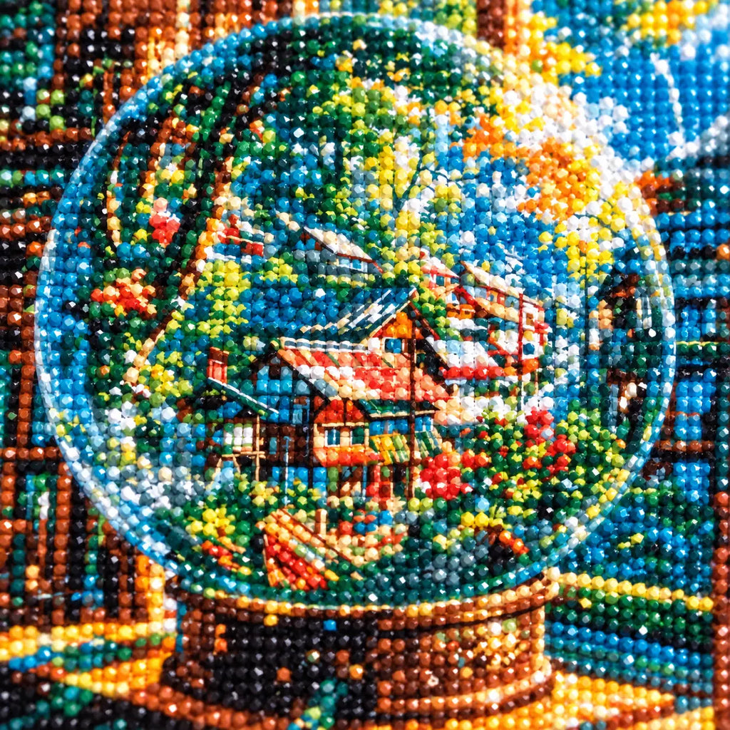 Close-up drill detail of the Village Within The Globe diamond painting