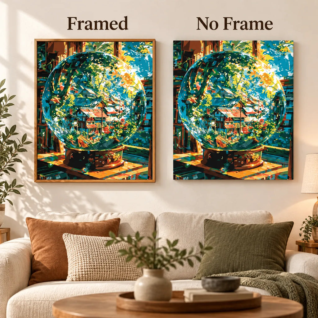 Village Within The Globe diamond painting shown framed and unframed