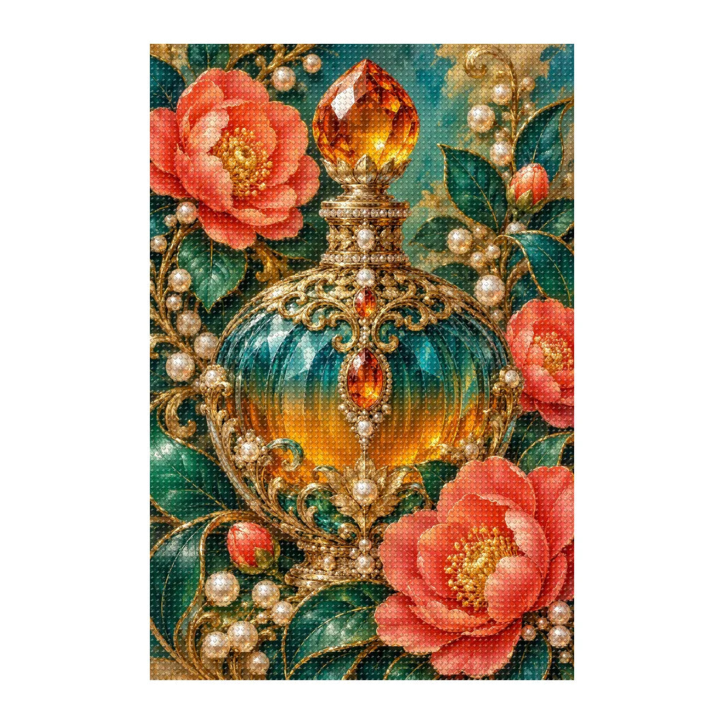 Finished white-background diamond painting of Vintage Perfume and Camellias