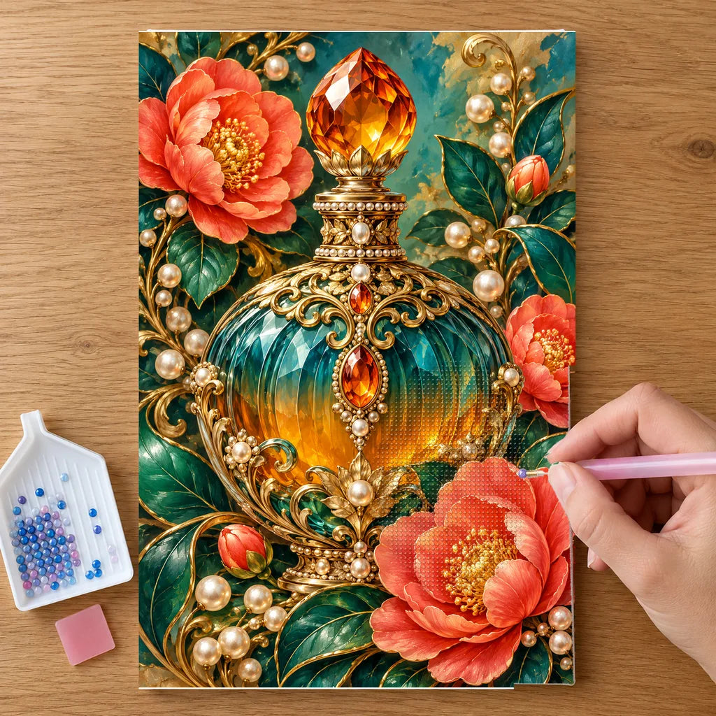 Hands placing drills on the Vintage Perfume and Camellias diamond painting canvas