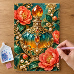 Hands placing drills on the Vintage Perfume and Camellias diamond painting canvas