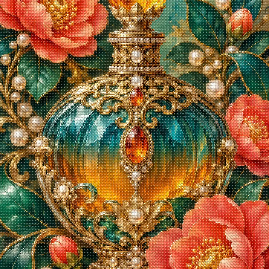 Close-up of sparkling drills on the Vintage Perfume and Camellias design