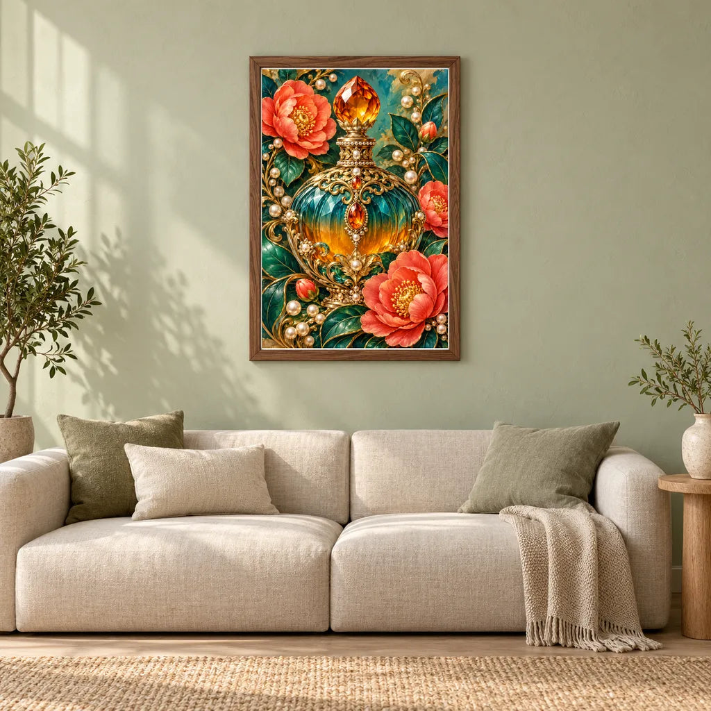 Framed Vintage Perfume and Camellias diamond painting displayed in a home interior