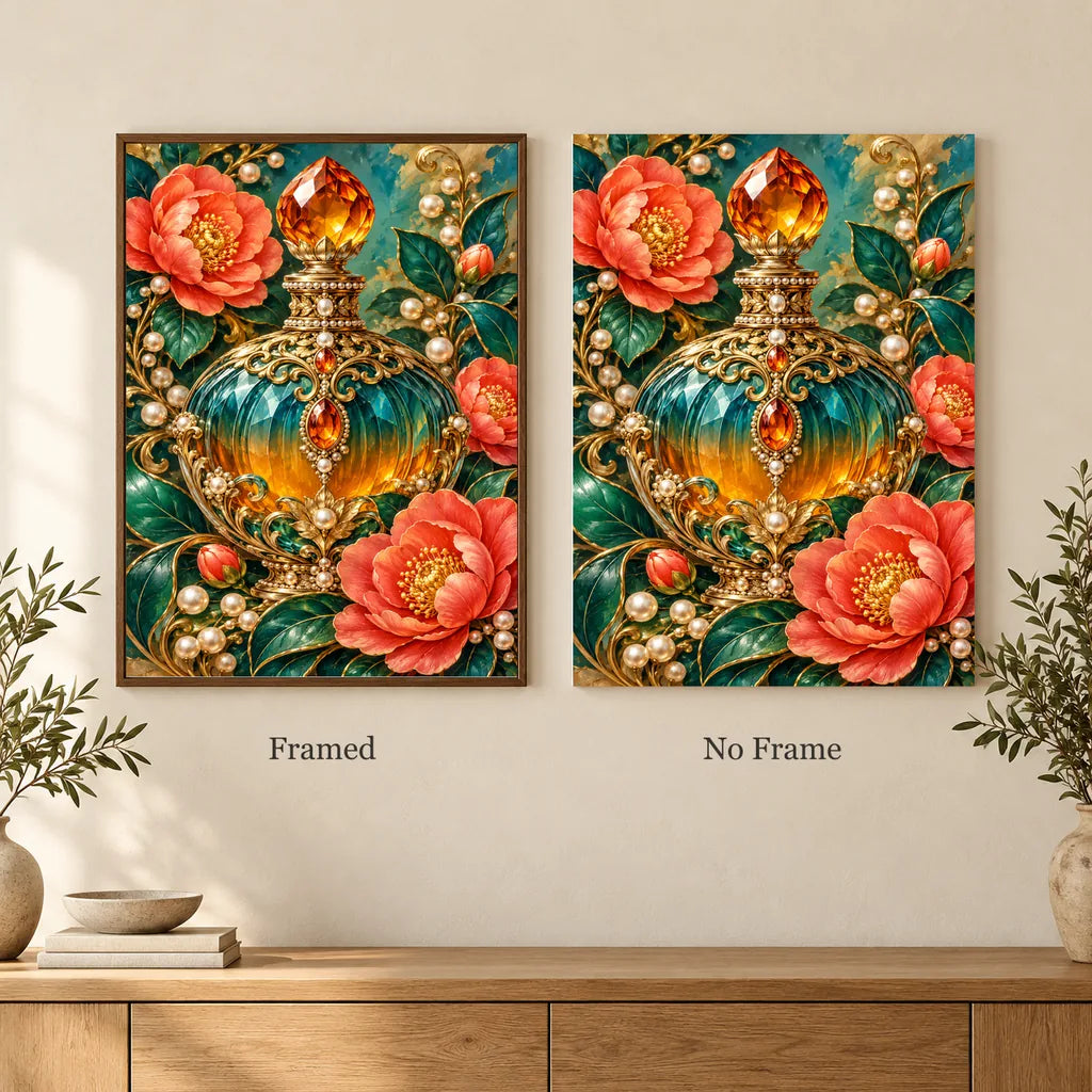 Framed and no-frame options for the Vintage Perfume and Camellias diamond painting