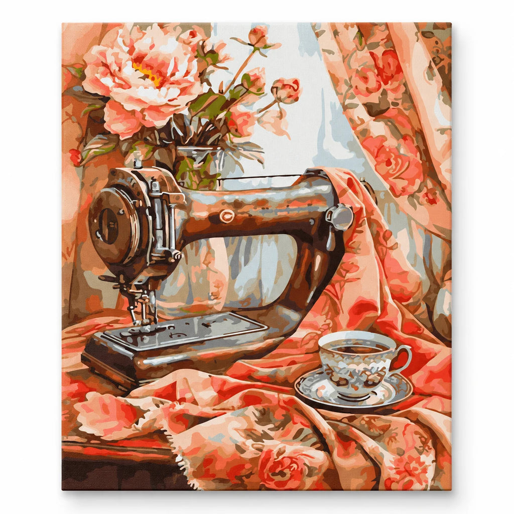 Vintage Sewing Machine with Roses paint by numbers artwork on a front-facing canvas against a white background