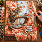 Complete Vintage Sewing Machine with Roses numbered canvas being painted with acrylic paints and brushes