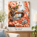 Vintage Sewing Machine with Roses shown in a styled room with 15.7 × 19.7 in and 40 × 50 cm dimensions