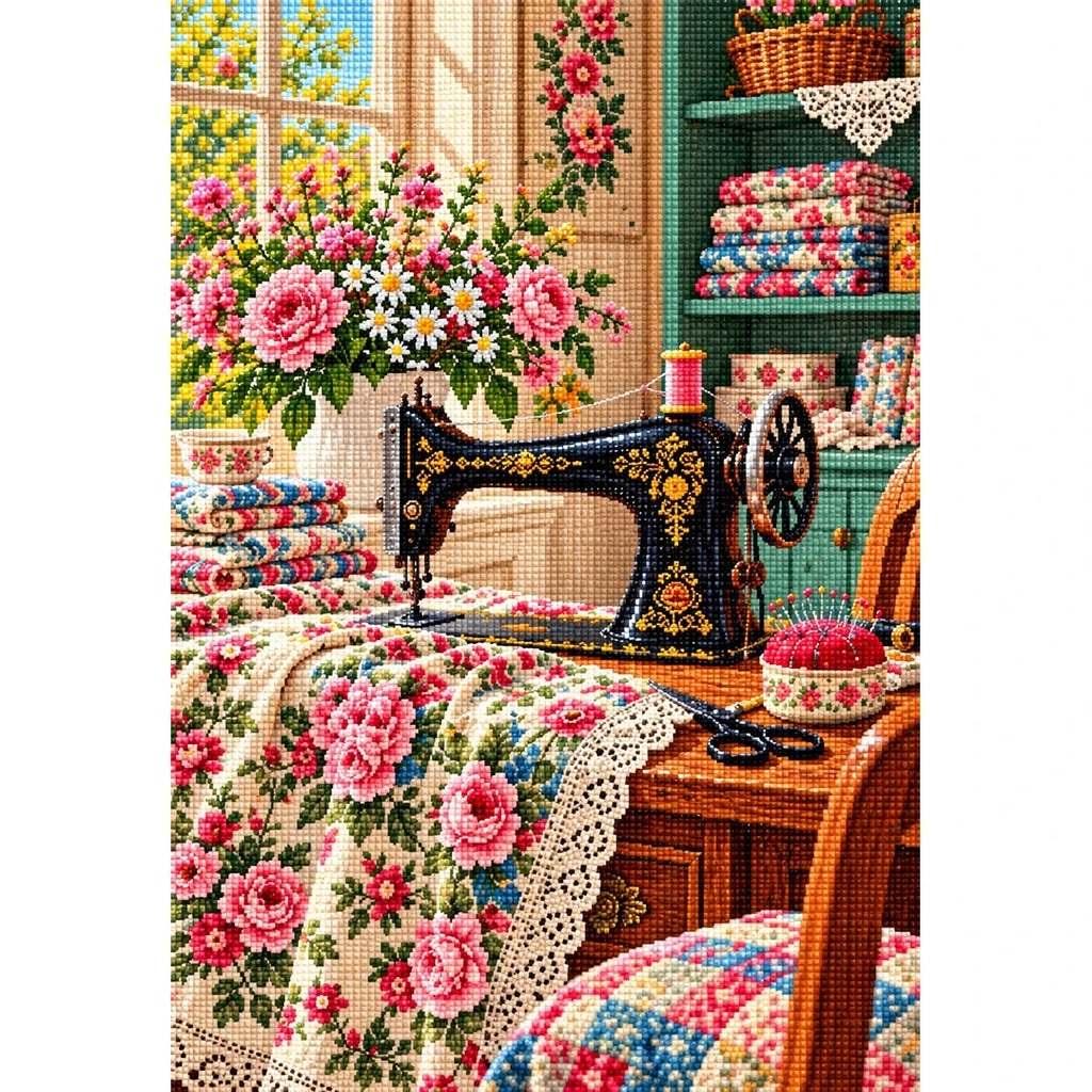 Vintage Sewing Room Roses — finished diamond painting on a white background