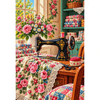 Vintage Sewing Room Roses — finished diamond painting on a white background