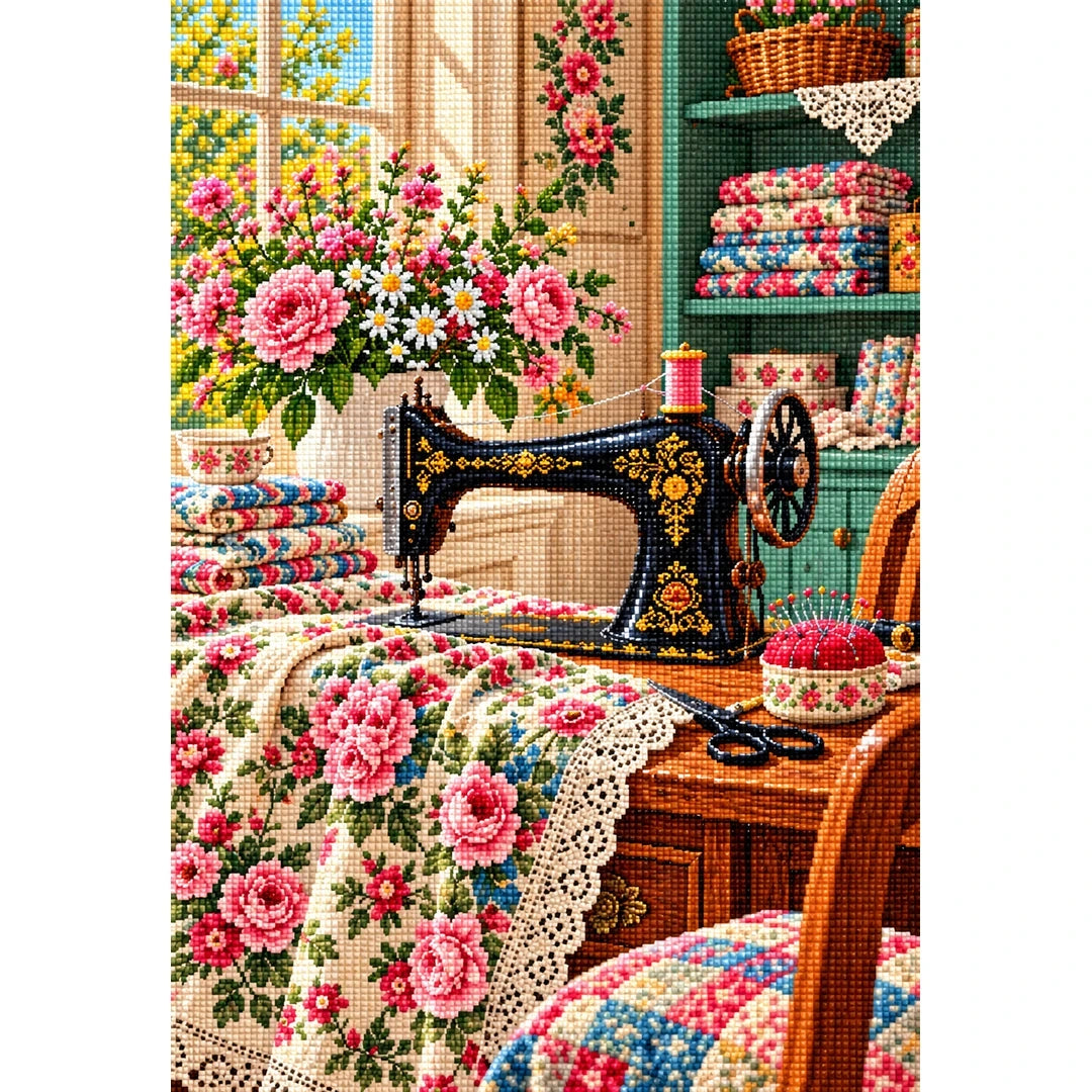 Vintage Sewing Room Roses — finished diamond painting on a white background