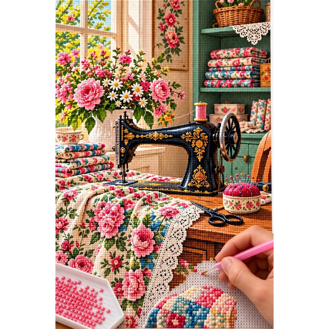 Vintage Sewing Room Roses — diamond painting process with applicator pen