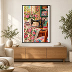 Vintage Sewing Room Roses — finished diamond painting displayed in a home interior